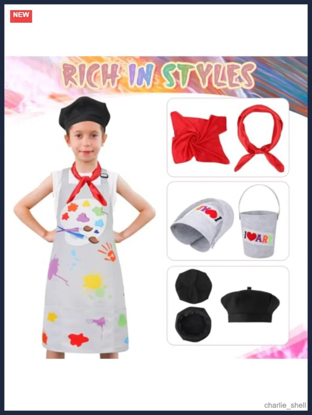 Kids Artist Costume Set Painter Dress Up Beret Apron Palette Brush Career Day